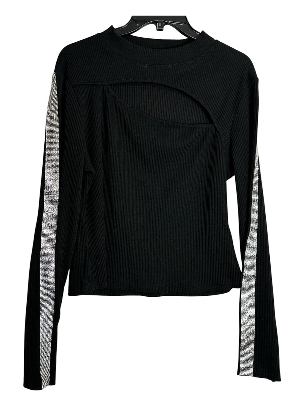 WHY Dress XXL Black Ribbed Cutout Top Rhinestone Sleeve Party Glam